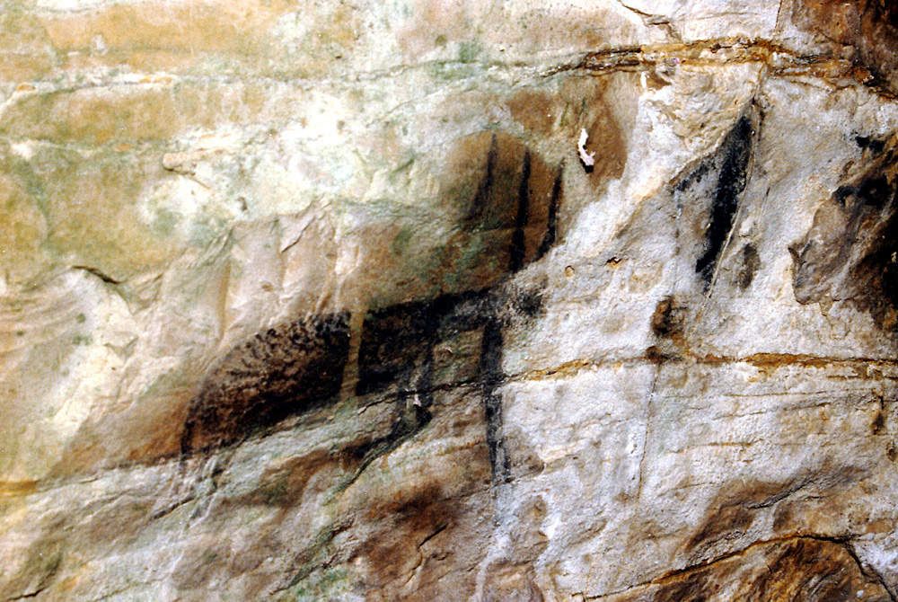 Cette peinture représente clairement une bête à corne. Sur la droite la forme représente le chasseur