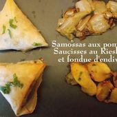 Samossas Pomme Blue Reine, Saucisses au Riesling sur Fondue d'Endive - Chez Mamigoz