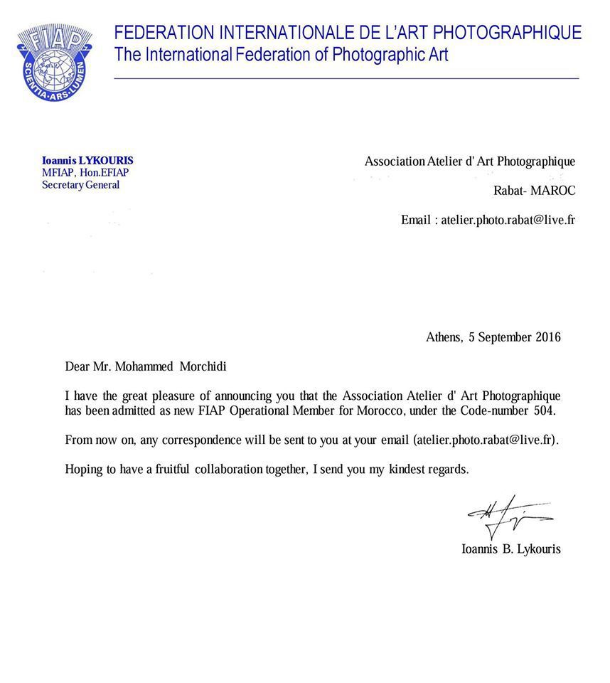 Maroc - Raba. Affiliation de notre Association &quot;Atelier d'art photographique&quot; à la Fédération Internationale de l'Art Photographique.