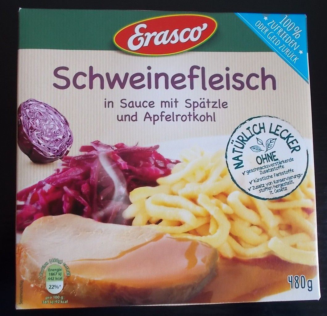 Erasco Schweinefleisch in Sauce mit Spätzle und Apfelrotkohl - BlogTestesser