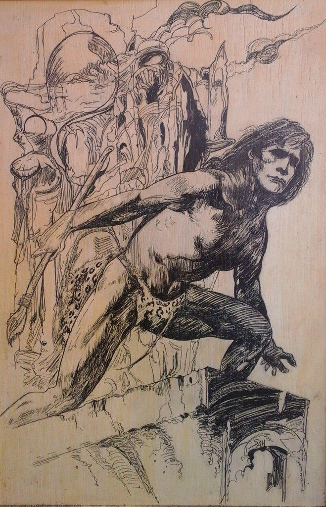 " L' homme préhistorique " peinture en noir et blanc  gouache 40 cm x 30 cm
