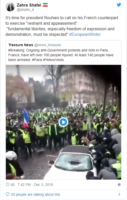 Tweet de Zahra Shafei Il est temps que le président Rouhani appelle son homologue français à faire preuve de "retenue et d’apaisement". "Les libertés fondamentales, en particulier la liberté d'expression et de manifestation, doivent être respectées" pendant l’Hiver Européen Mise à jour: Des manifestations et des émeutes en cours à Paris, en France, ont fait plus de 100 blessés. Au moins 140 personnes ont été arrêtées. 