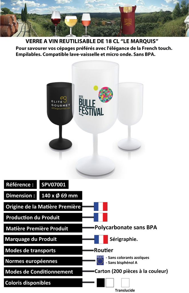 Verre à vin réutilisable et recyclable de 18 cl de fabrication Française -  - Sacs porte-verre tour du cou pour dégustation