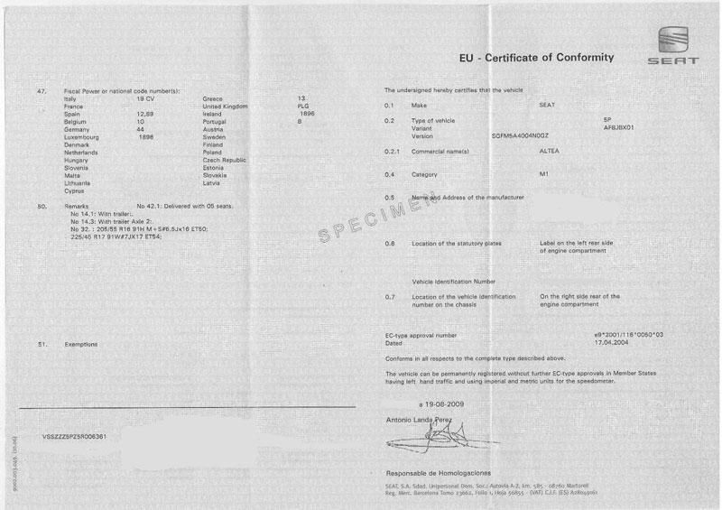 Certificat de conformité Seat - Service et formalité d'immatriculation  d'une voiture importée en France. Suivi de votre demande de carte grise ANTS  au 08 91 03 88 18