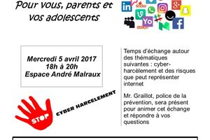 Cyber harcèlement et internet : soirée d'info mercredi 5 avril 2017