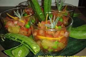 Verrines fraîcheur tomates, orange et petits pois frais...