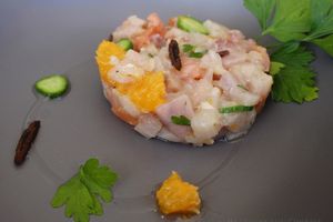Tartare d'Espadon et Saumon Fumé aux Agrumes, Sirop de Gingembre et Vanille Bleue