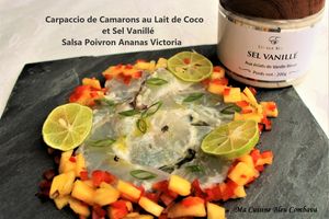 Carpaccio de Camaron (grosses crevettes tropicales) au Lait de Coco et Sel Vanillé. Salsa Poivron-Victoria