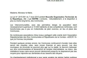 Loi NOTRe: Courrier de l'ADECR 19 aux maires de Corrèze