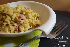 Risotto au Neufchâtel, petits pois et jambon blanc