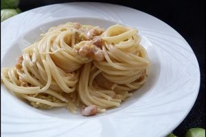 Spaghettis aux choux de Bruxelles, noix de cajou & parmesan