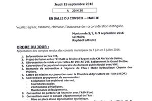Montmerle sur saône : Ordre du jour du conseil municipal du 15 septembre 2016