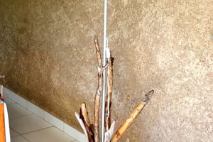 Un lampadaire en bois flotté et bois naturel