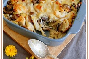 Gratin de macaroni au poulet et champignons