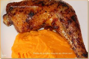 Cuisses de poulet rôties, marinade en mode "voyage en Louisiane", purée de patates douces au citron vert