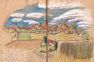 Deux amies, un beau village et un parasol...