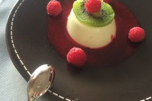 Panacotta au Chocolat blanc kiwi et son coulis de framboise