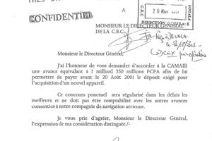 Correspondance entre Meva'a M'Eboutou et Adolphe Moudiki en vue du tranfert d'argent à GIA-International pour l'achat du BBjet2