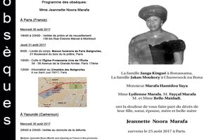 Programme des obsèques de Madame Jeannette Noora Marafa, décédée le 25-août 2017 à Paris.