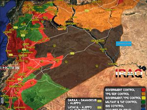 Situations militaires en Syrie au 27/04 et 11/05/2017. On voit distinctement l'important gain territorial rebelle le long de la frontière syro-irakienne (cliquez pour agrandir).