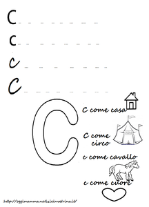 Lettra C come casa, cuore, circo: scrivi e colora la scheda