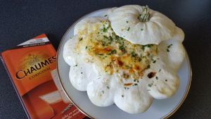 Pâtisson farci poulet, champignon et gratiné au Chaumes