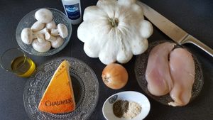 Pâtisson farci poulet, champignon et gratiné au Chaumes