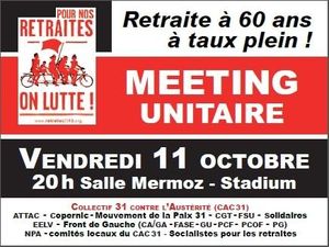 Retraites : Meeting unitaire à Toulouse le 11 octobre