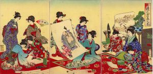 CHIKANOBU : estampes tryptique original "la peinture des rouleaux"