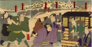 vends triptyque d'Estampes Japonaises XIXème Kunimasa "Combat De Samourais Dans La Neige"