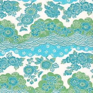 fleurs, nuages et vagues bleu/vert sur fond blanc
