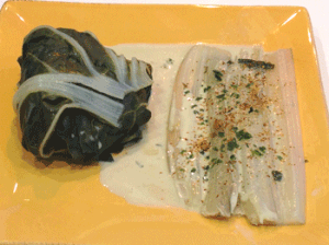 Escalope de poulet à la moutarde en habit de blettes