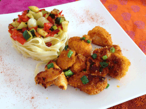 Escalope de poulet croustillante, légumes du soleil et ses tagliatelles