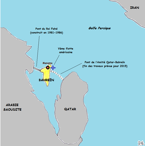 L'île de Bahreïn, entre l'Arabie Saoudite et l'Iran.