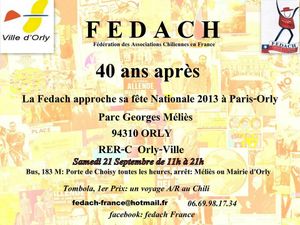 La Fête du Chili (Fedach) en France, 21 septembre à Orly, se rapproche de Paris.