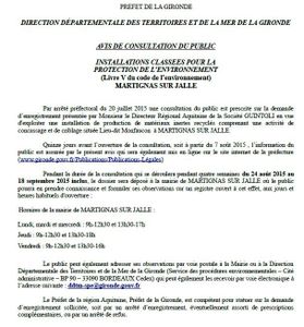 Concertation en catimini : à Martignas sur jalle suite à une demande de la société GUINTOLI d'exploiter une installation de matériaux inertes recyclés comprenant une activité de concassage et de criblage sur le site de Montfaucon déjà fort pollué : métaux lourds, hydrocarbures, mercure, arsenic … suintant de toutes parts ! Fin concertation 18 septembre inclus n'hésitez pas à envoyer votre avis