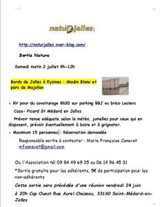 Vous l'attendiez : voici la sortie nature de Natur'Jalles Samedi 2 juillet "Moulin Blanc et Parc Majolan", la réunion précédent la sortie est le 24 juin!