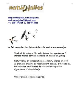 Naturjalles propose en octobre: le 14 octobre Découverte des Hirondelles de notre commune, une sortie nature le 17 octobre...