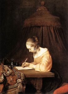 Gérard ter Boch (dit Le Jeune), Femme écrivant une lettre (ca 1655), huile sur bois, 39 × 29,5 cm, La Haye, Mauritshuis.