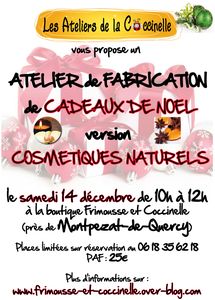 Atelier de cosmétiques naturels thème "Venez fabriquer vos cadeaux de Noël"