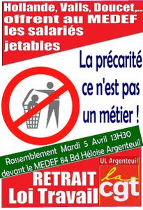 Mardi 5 avril 2016 à 13H30 rassemblement devant le siège départemental du MEDEF – à Argenteuil.