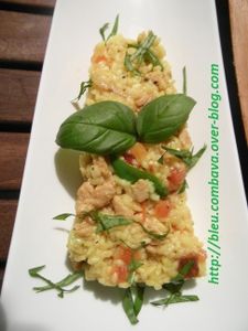 Risotto végétarien aux protéines de soja, tomates, basilic et gros piments