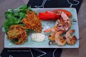 Camarons marinés au Combava, Croustilles de Pomme de Terre pimentées au Curcuma