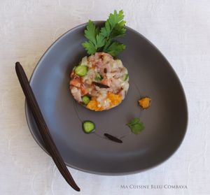 Tartare d'Espadon et Saumon Fumé aux Agrumes, Sirop de Gingembre et Vanille Bleue
