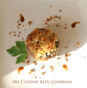 Champignons farcis aux Crevettes, Crumble Amande-Curry