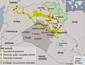 Image: même en regardant les cartes des médias occidentaux des 'territoires exploitées par l'EI, il est évident qu'il ne s'agit pas d'une force milicienne jaillissant en Syrie ou en Irak, mais plutôt d'une force d'invasion en provenance de territoires de l'OTAN.