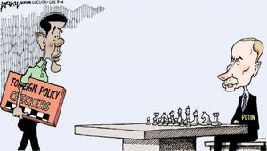 Obama arrivant avec un jeu de dames (checkers) de politique étrangère sous le bras à une table où Poutine est devant un jeu d’échecs
