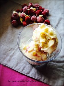 Glace au chocolat blanc et framboises, éclats de chocolat