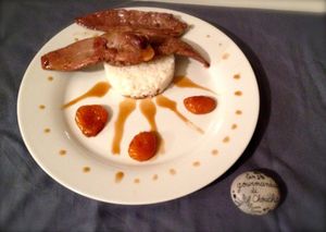 Aiguillettes de canard, au miel, abricots moelleux et montbazillac
