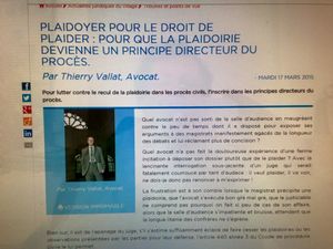 Notre tribune "Plaidoyer pour le droit de plaider:pour que la plaidoirie devienne un principe directeur du procès" publiée dans le Village de la Justice du 17 mars 2015